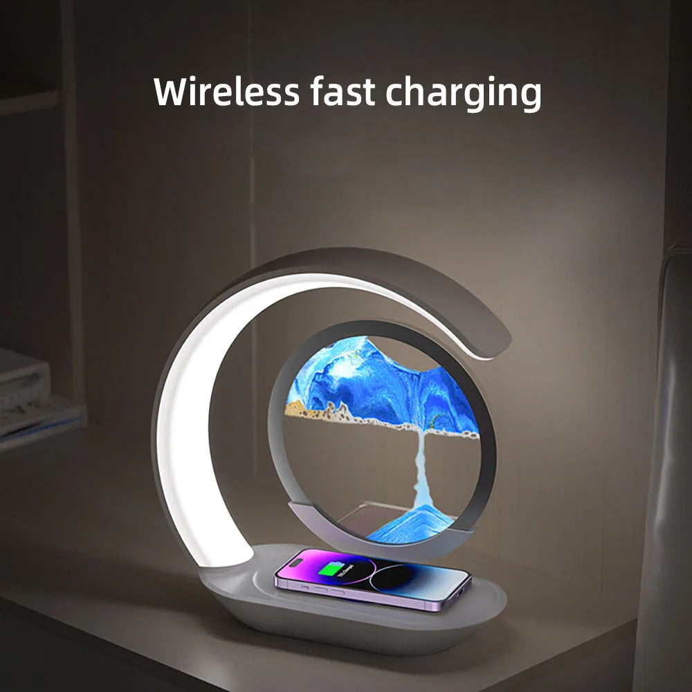 Quicksand Table Lamp USB Wireless Charging Desk Lamp 3D Hourglass Ornaments Sand Painting Night Light for Office Room Decoration